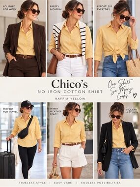 Chico’s No Iron Cotton Button Down Shirt Raffia Yellow Size 1 [Small]